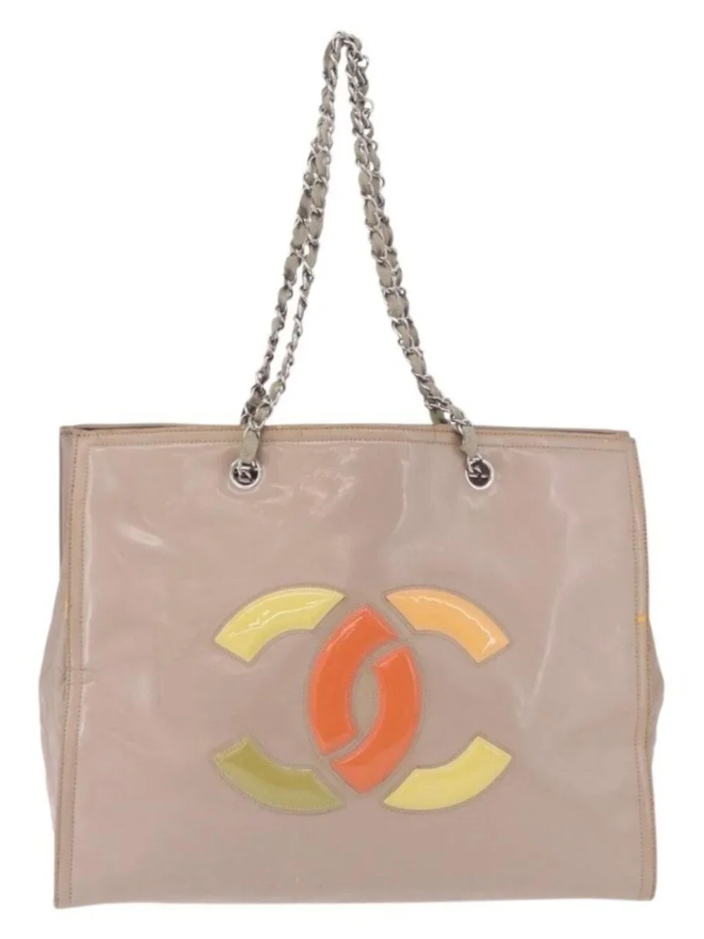 CHANEL Chain Tote Bag Patent leather Beige CC Auth EC956